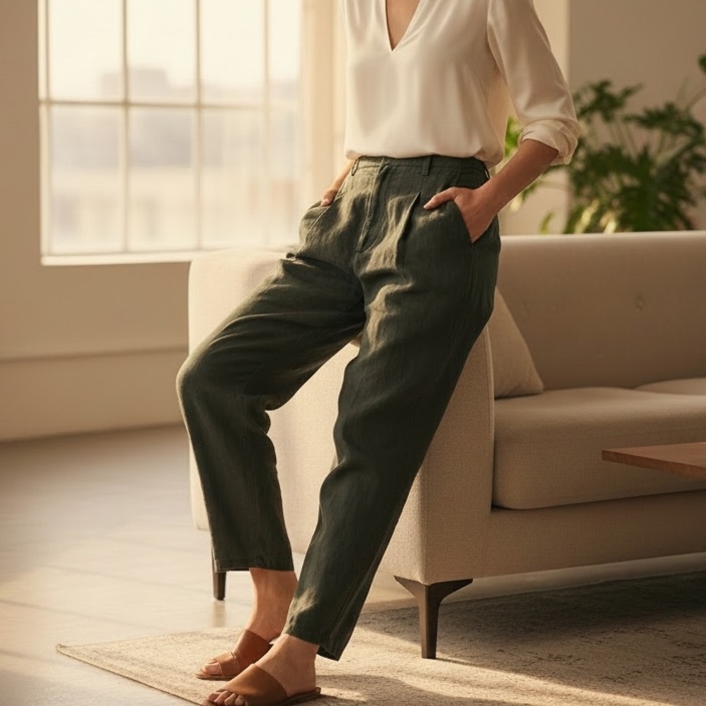 Lurdes Bergada 100% Linen High Rise Green Pleated Crop Lagenlook Tapered Pants